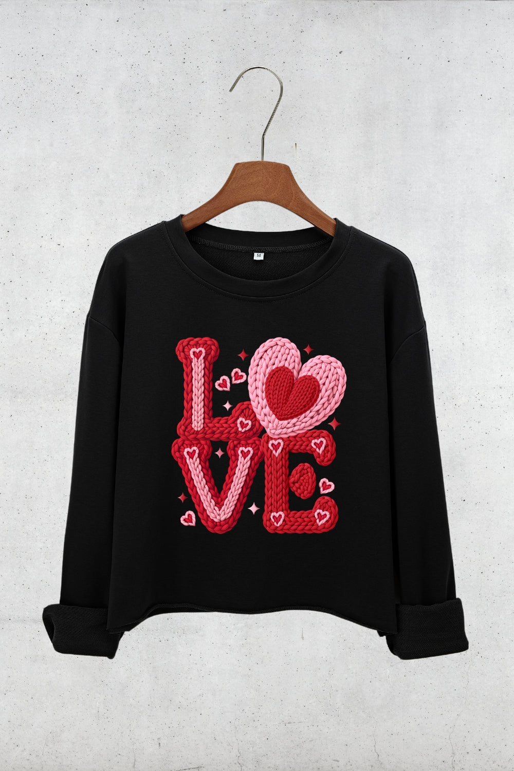 Faux Yarn Print Love Valentines Day Crop Sweatshirt For Women