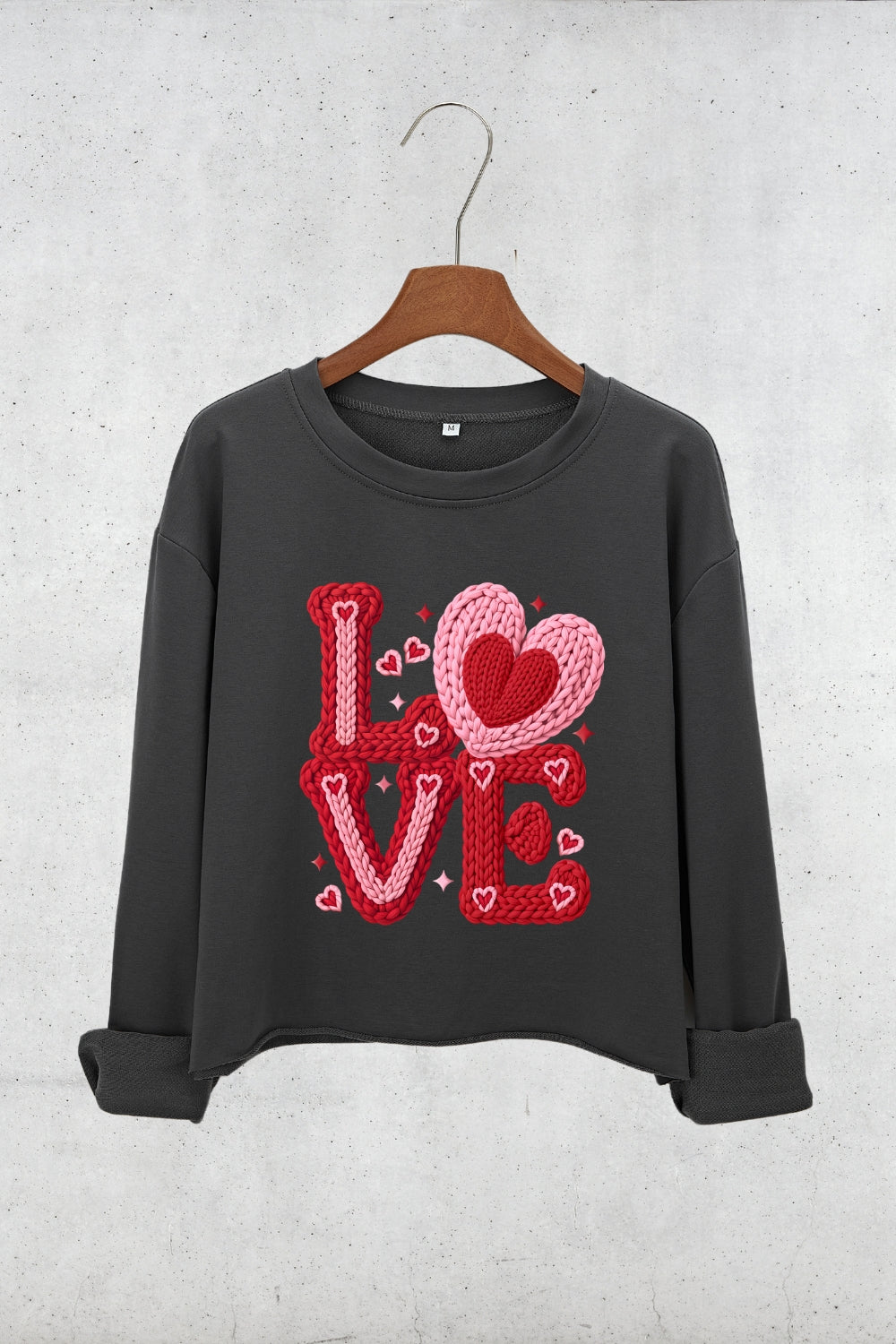 Faux Yarn Print Love Valentines Day Crop Sweatshirt For Women
