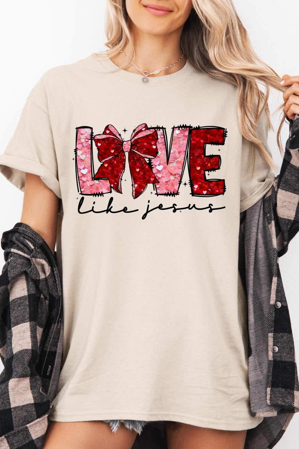 Love Like Jesus Faux Glitter Print Valentine Tee For Women
