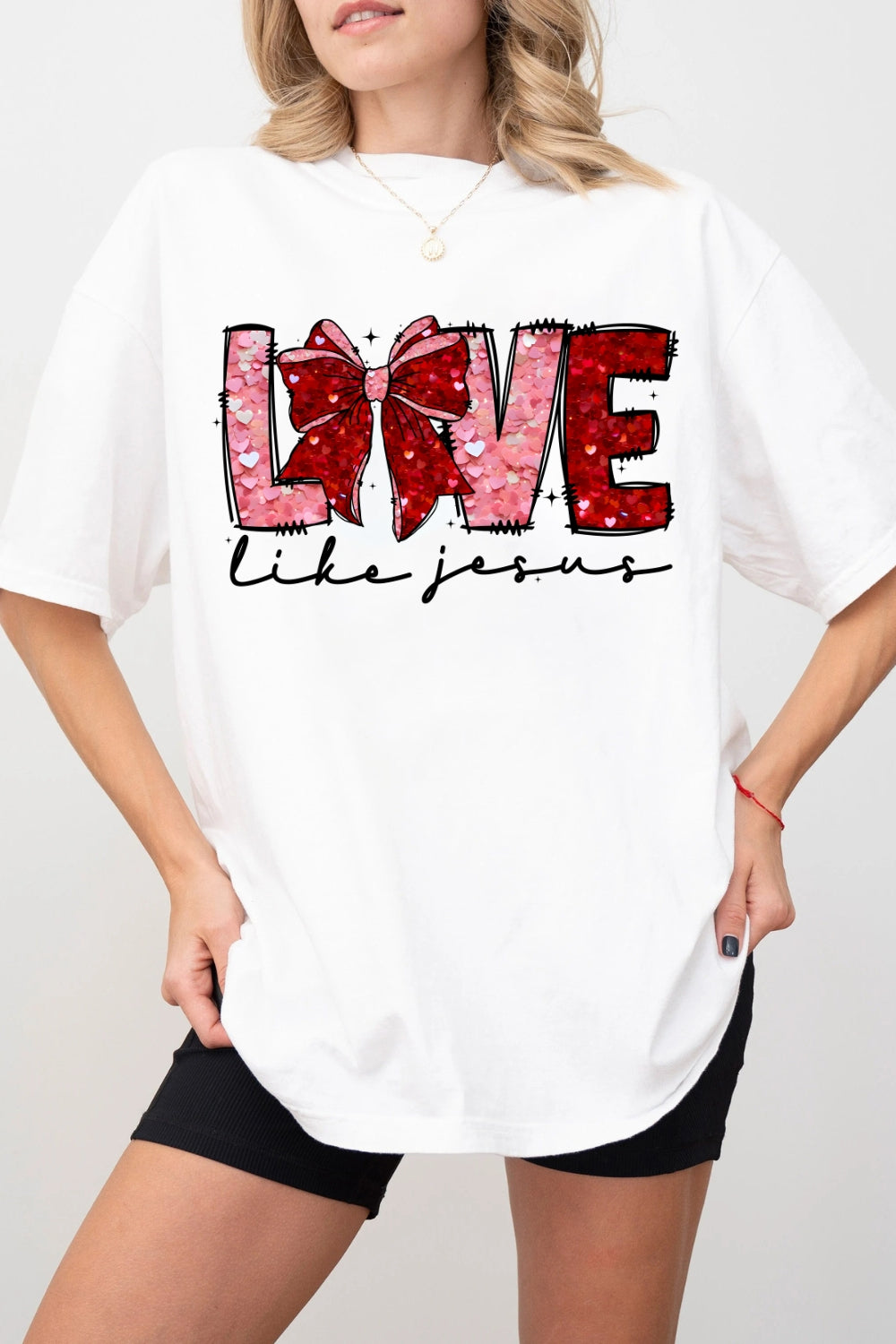 Love Like Jesus Faux Glitter Print Valentine Tee For Women