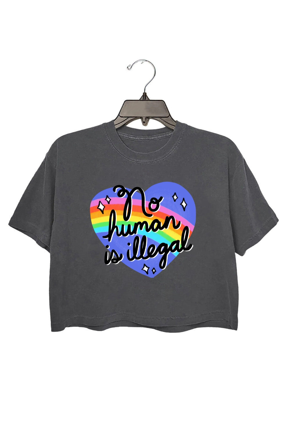 No Human is Illegal Rainbow Heart Crop Top For Women
