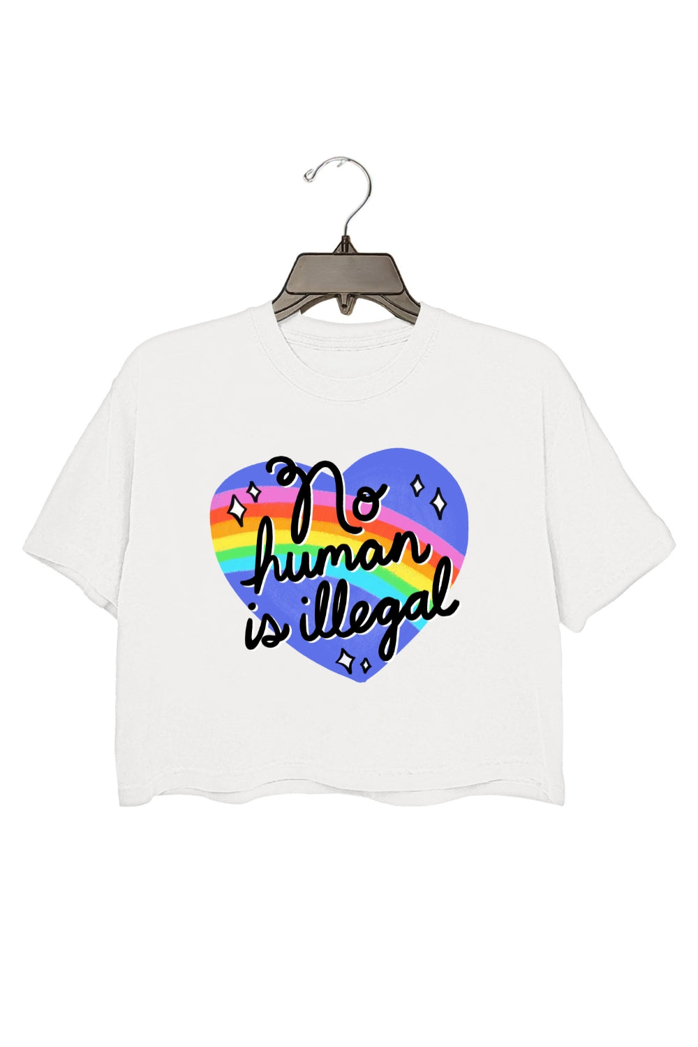No Human is Illegal Rainbow Heart Crop Top For Women