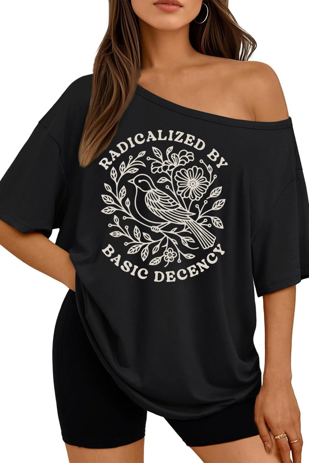 Radicalized by Basic Decency Bird Off The Shoulder Tee For Women