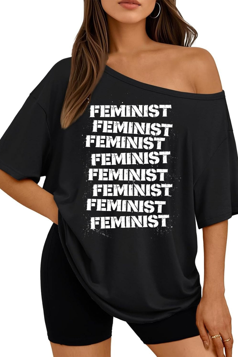 Feminist Print Design Off The Shoulder Tee For Women