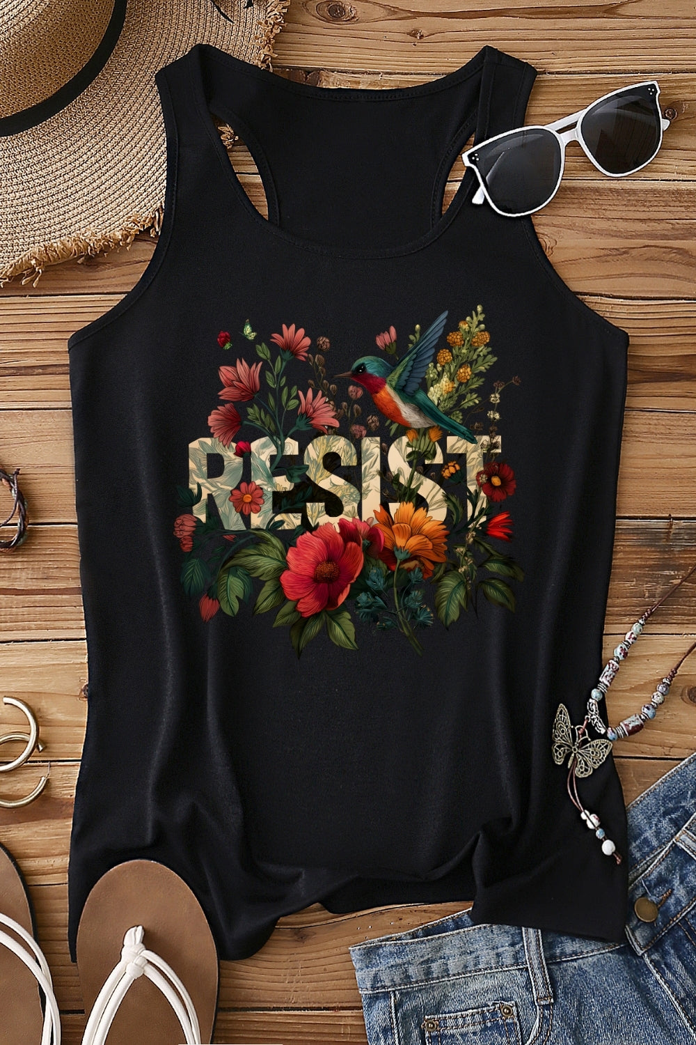 Retro Resist Bird Floral Tank Top For Women