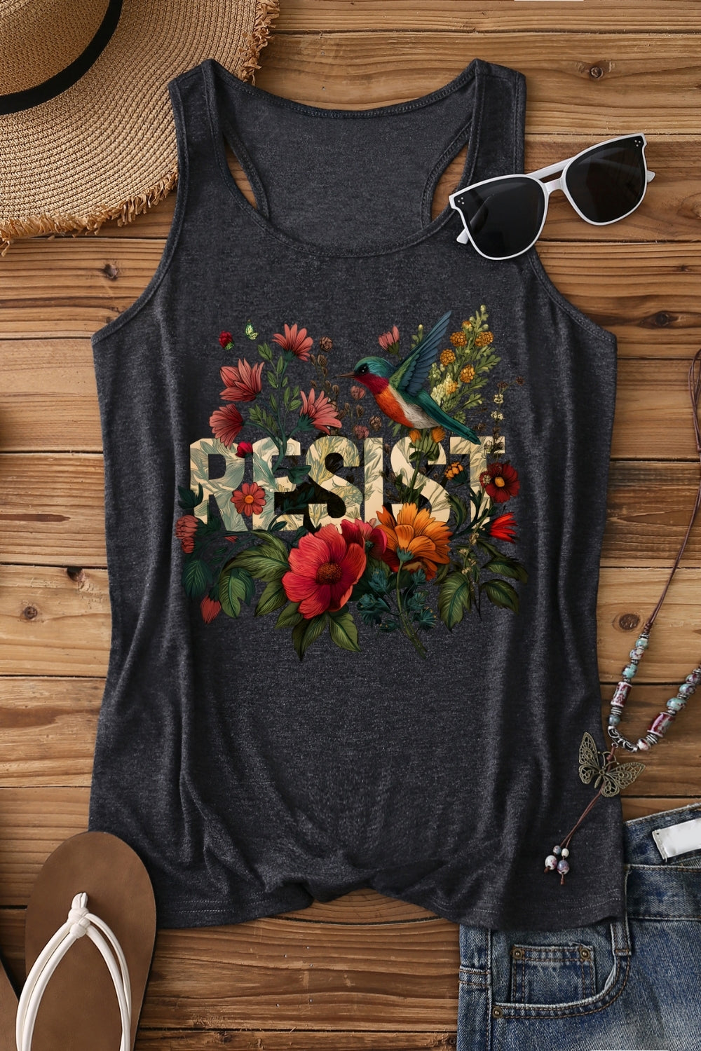 Retro Resist Bird Floral Tank Top For Women