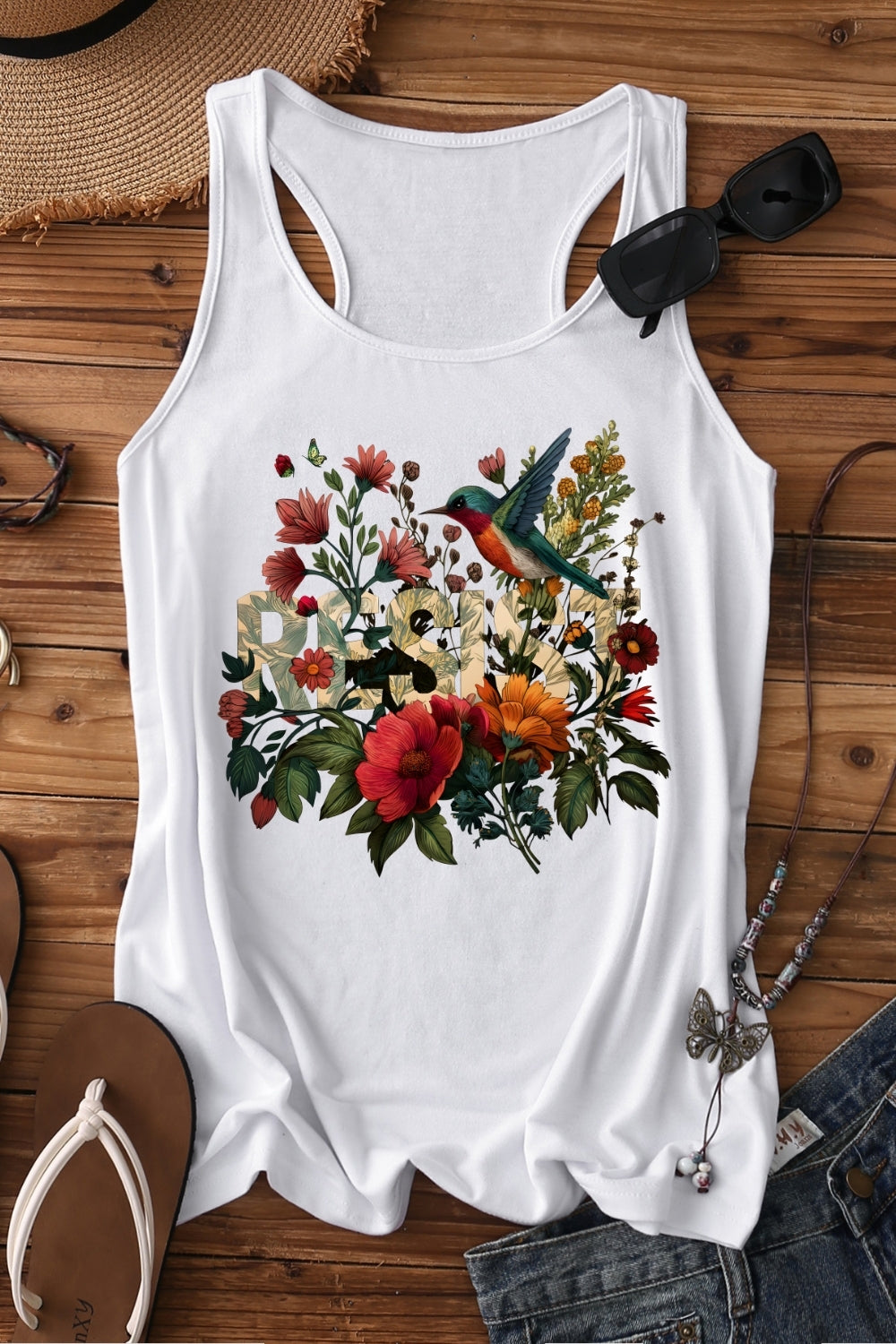 Retro Resist Bird Floral Tank Top For Women
