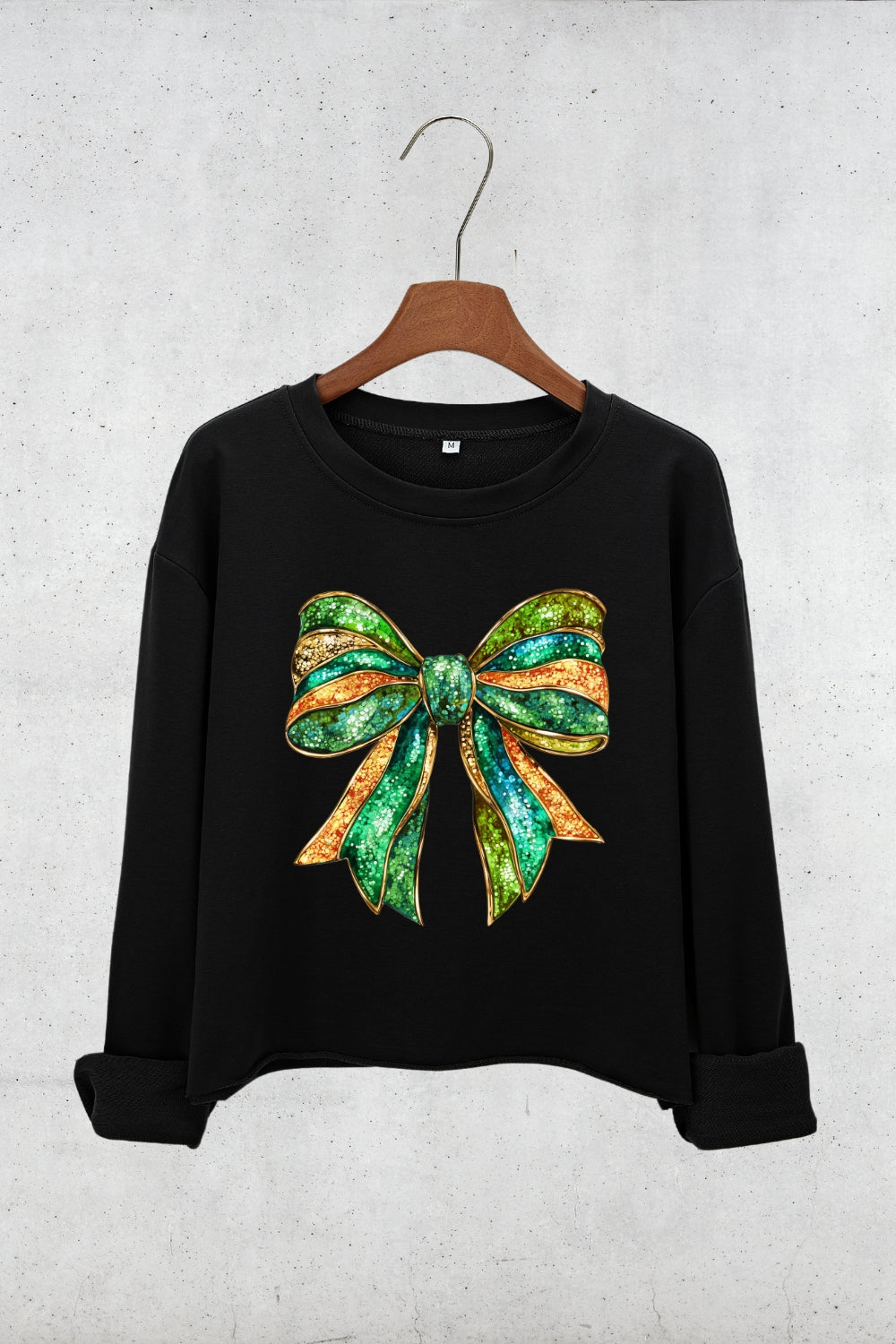 St Patrick's Day Glitter Bow Crop Sweatshirt For Women