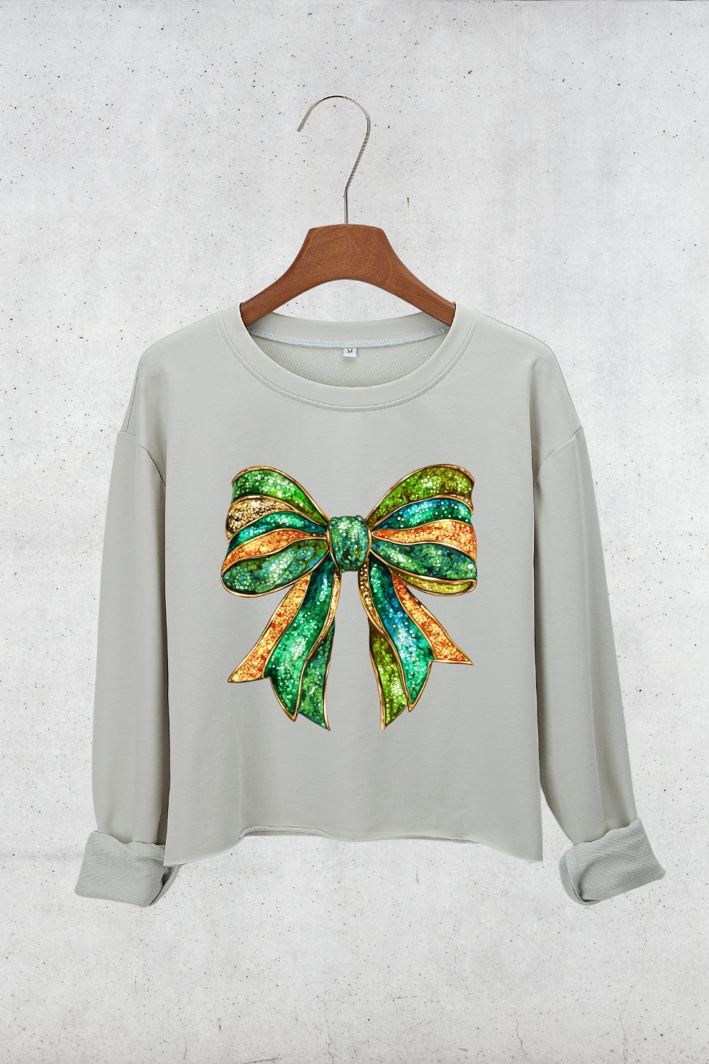 St Patrick's Day Glitter Bow Crop Sweatshirt For Women