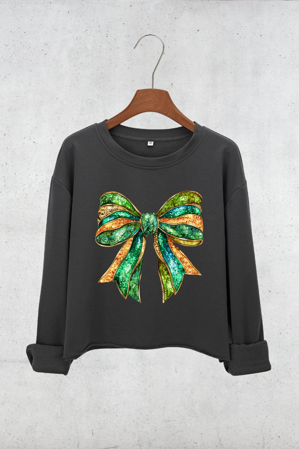 St Patrick's Day Glitter Bow Crop Sweatshirt For Women
