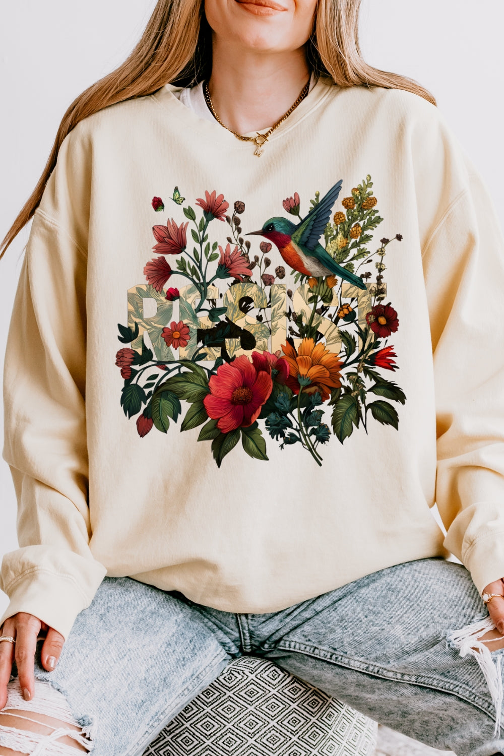 Retro Resist Bird Floral Sweatshirt For Women