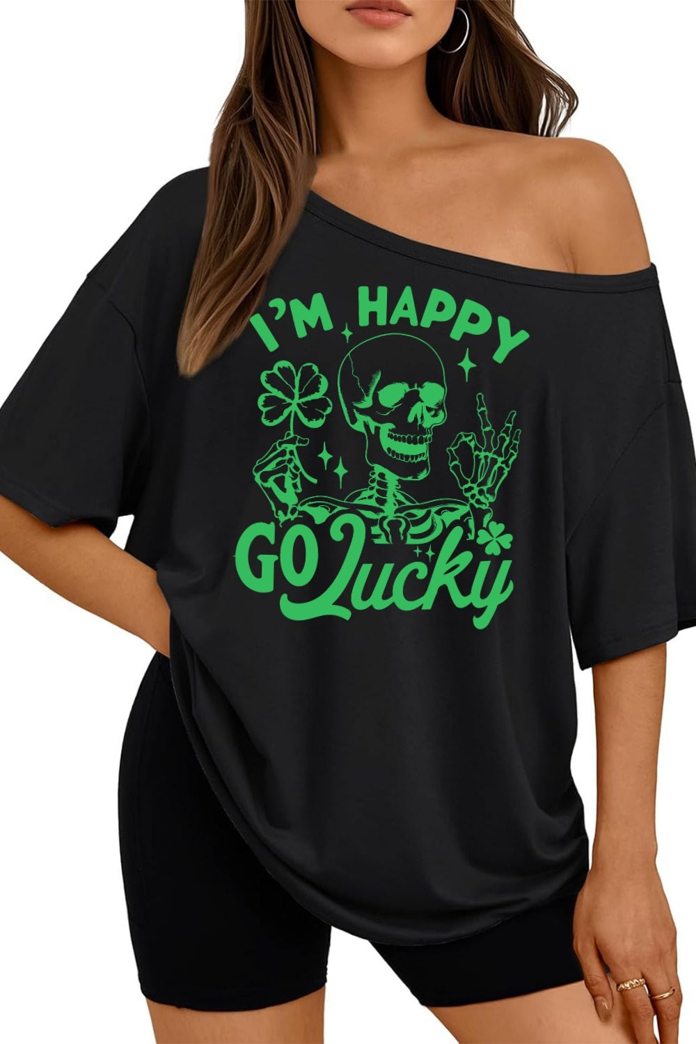 I'm Happy Go Lucky St Patrick's Skeleton Off The Shoulder Tee For Women