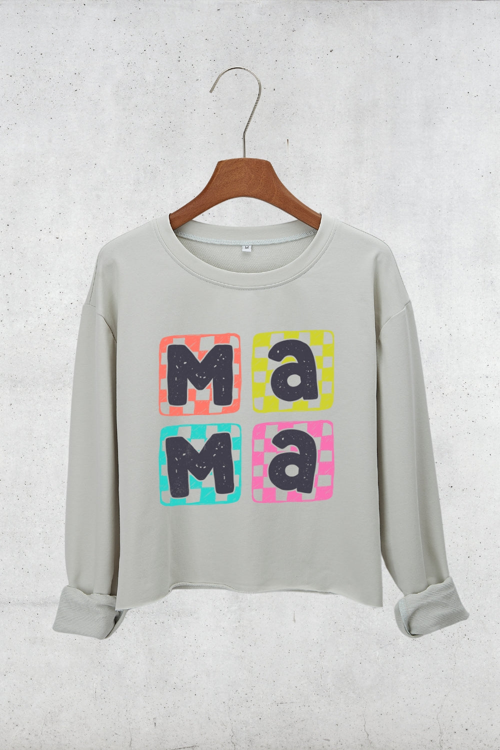 Mama Checkered Colorful Crop Sweatshirt For Women