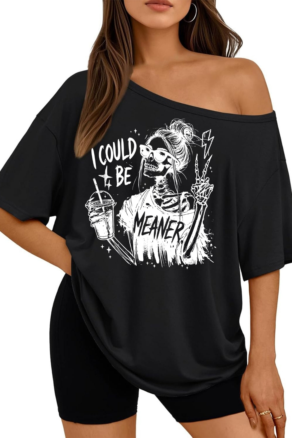 I Could Be Meaner Funny Skeleton Off The Shoulder Tee For Women