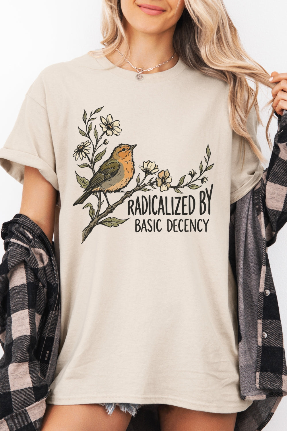 Radicalized By Basic Decency Funny Bird Floral Tee For Women