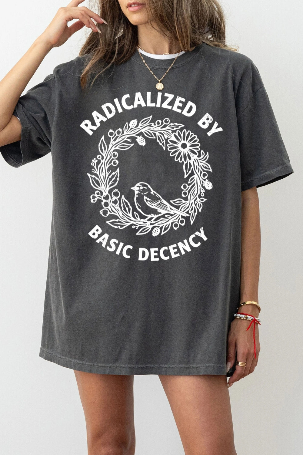 Radicalized By Basic Decency Floral Wreath Tee For Women