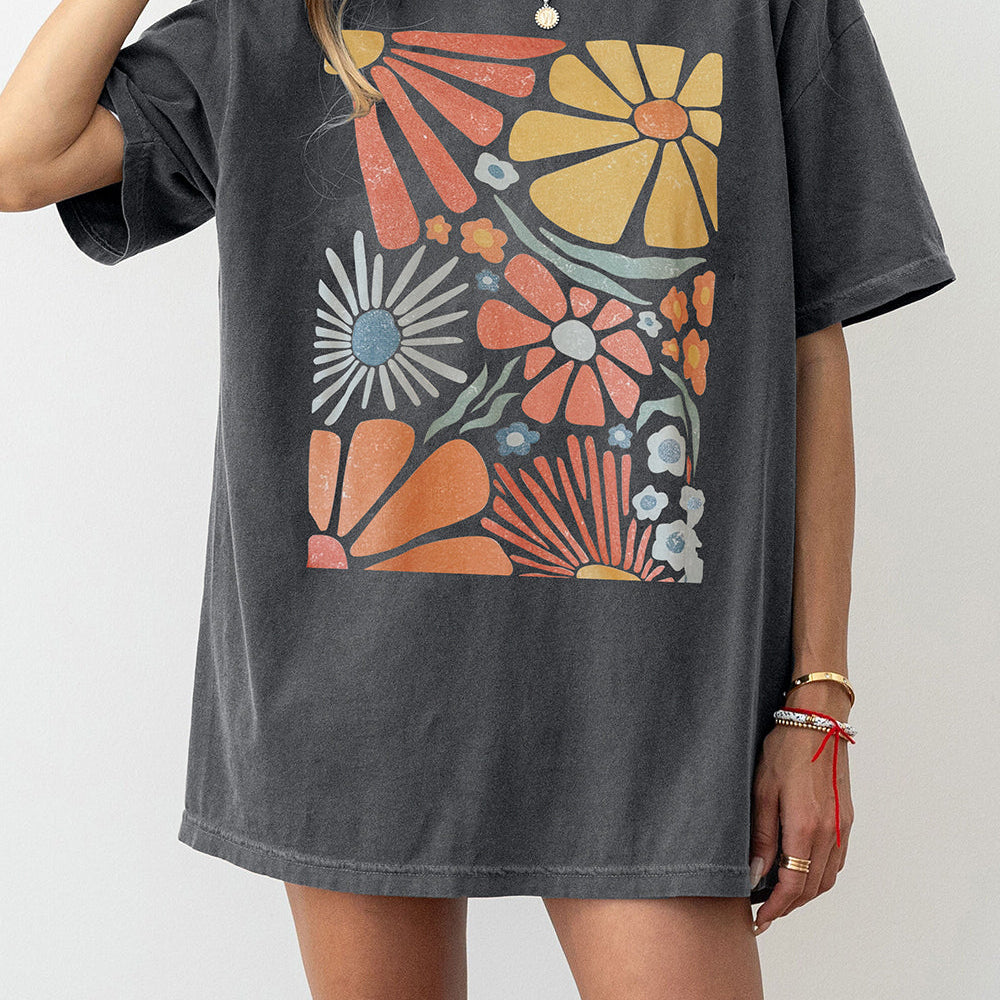 Colorful Retro Flowers Tee For Women